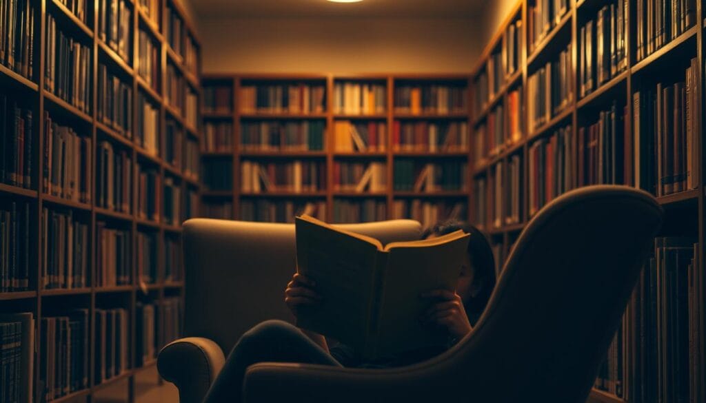 A cozy library setting, with a person sitting in a comfortable armchair, deeply immersed in a book. Soft, warm lighting casts a golden glow, highlighting the reader&#039;s face and the pages of the book. Bookshelves line the walls, creating a sense of knowledge and contemplation. The image has a Lawgic aesthetic, with clean lines, elegant typography, and a focus on the act of reading as a means of expanding one&#039;s understanding of grammar and language.