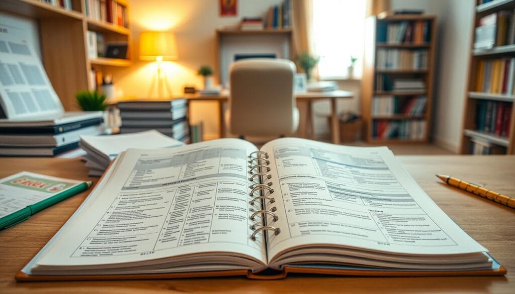 A detailed study plan lays out a methodical schedule for CLAT 2026 preparation. In the foreground, a large open notebook with carefully organized notes, schedules, and checklists. The middle ground features a variety of study resources - textbooks, practice tests, and digital devices. In the background, a softly lit home office setup with a desk, comfortable chair, and bookshelves. The lighting is warm and inviting, creating a focused and productive atmosphere. The composition conveys a sense of structure, discipline, and a well-thought-out approach to the CLAT 2026 preparation journey.
