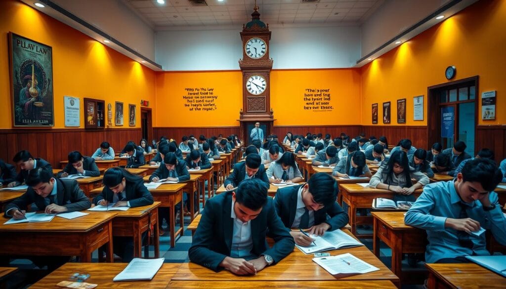 A vibrant examination hall with rows of wooden desks and chairs, illuminated by warm, overhead lighting. Aspirants in formal attire, intently focused on their papers, as an invigilator vigilantly observes the proceedings. The walls are adorned with law-themed artwork and motivational quotes, creating an atmosphere of academic rigor and determination. In the background, a large, ornate clock tower stands tall, symbolizing the high-stakes nature of the PU Law Entrance Exam. The scene radiates a sense of professionalism, intelligence, and the pursuit of legal education.