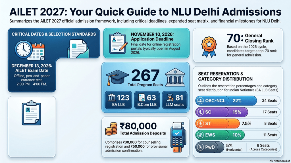 NLU Delhi AILET 2027 admissions at a glance: critical dates, seat matrix, and admission deposits