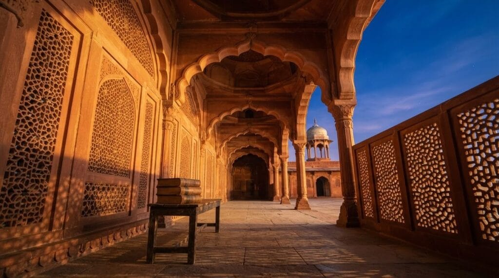 Red sandstone university corridor with carved jaali screens and law books on a bench, for a guide to the best LL.M. colleges in India