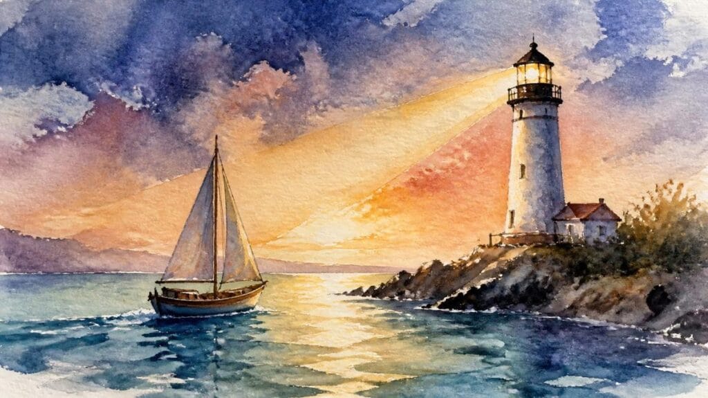 Watercolour painting of a small sailing boat heading toward a lighthouse at dusk, its beam lighting the way, representing guidance in choosing the best online CLAT coaching for a second attempt.
