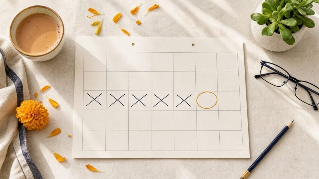 A calendar page on a cream tablecloth with a row of days crossed off in navy and the next day circled in gold, beside a cup of chai and marigold petals, representing a two-month plan to prepare for CLAT 2027.