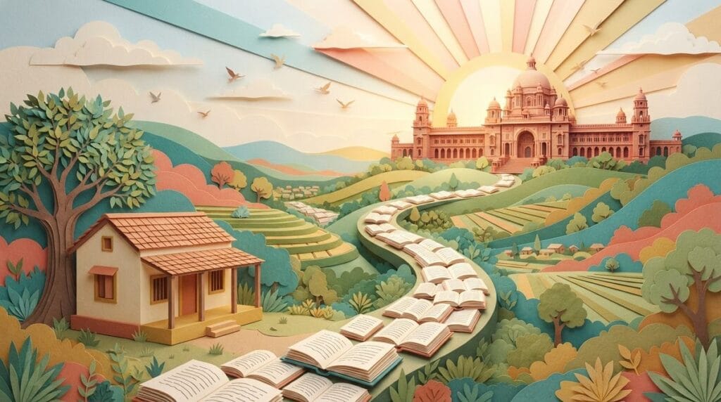 Paper-cut illustration of a path of open books leading from a small school to a domed university on a hill, for a guide on preparing for CLAT after Class 12 boards