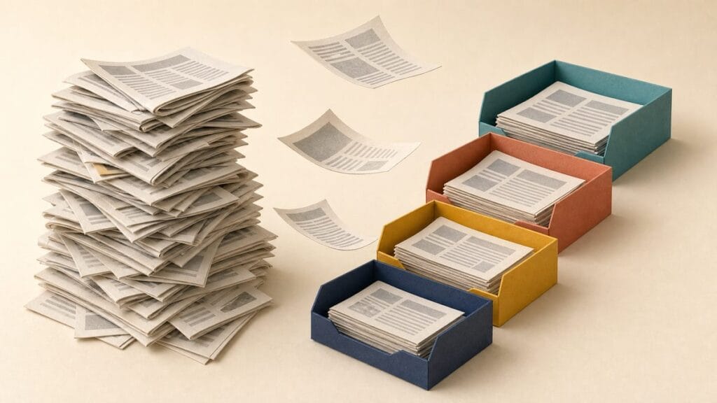 A paper-craft illustration of a messy pile of newspapers being sorted into four coloured trays, representing clearing a CLAT GK and current affairs backlog by the four official topic areas.