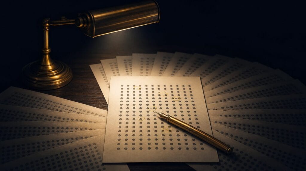 A brass desk lamp lighting one CLAT answer sheet with mistakes circled in gold beside a gold pen, while other answer sheets fade into shadow, representing personal mentorship that reviews your own mock paper.