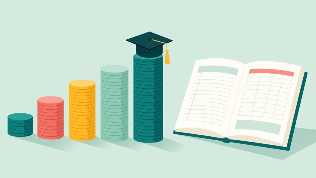 Flat illustration of five coin stacks, one for each year, with a graduation cap and an open ledger, representing the year-by-year cost of a five-year law degree at ILS Law College Pune.